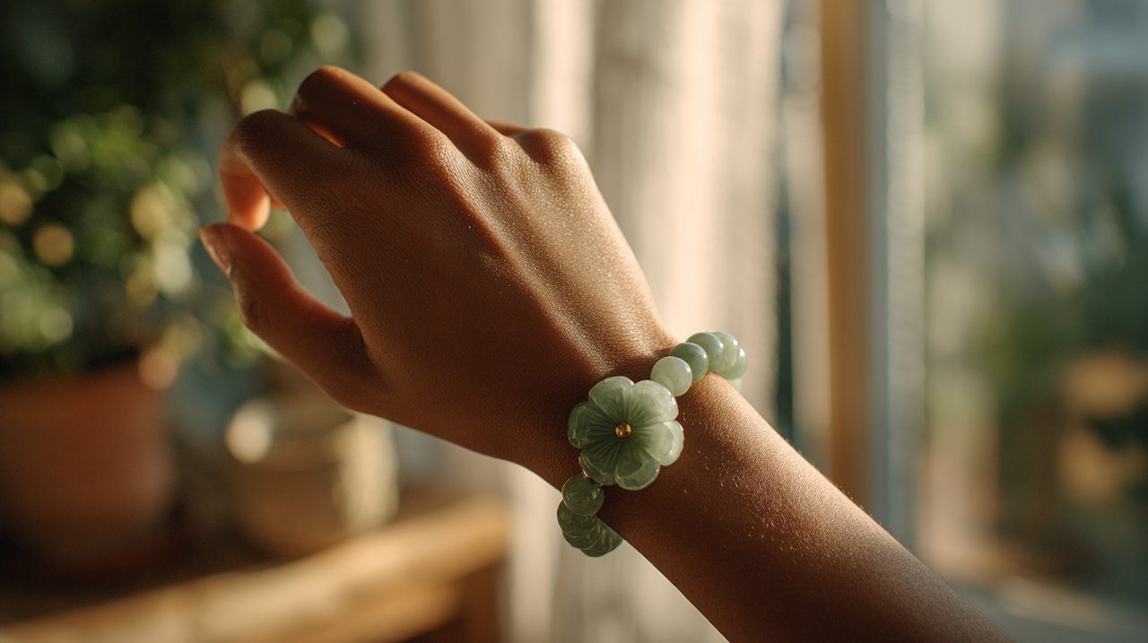 Person wearing a jade flower bracelet in a serene setting.