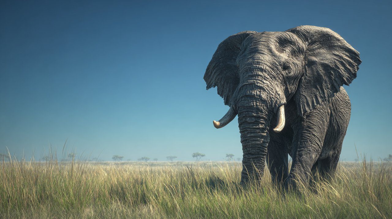 A majestic elephant standing serenely in a sun-drenched, vibrant landscape, symbolizing quiet strength and deep understanding on the path to wisdom.