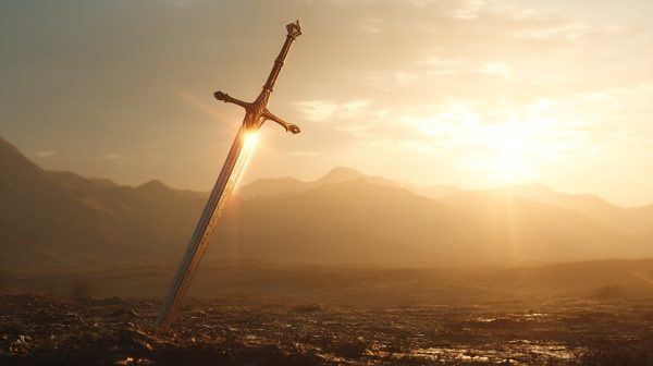 A glowing sword of insight radiating light in a sun-drenched, open landscape, symbolizing clarity and wisdom.