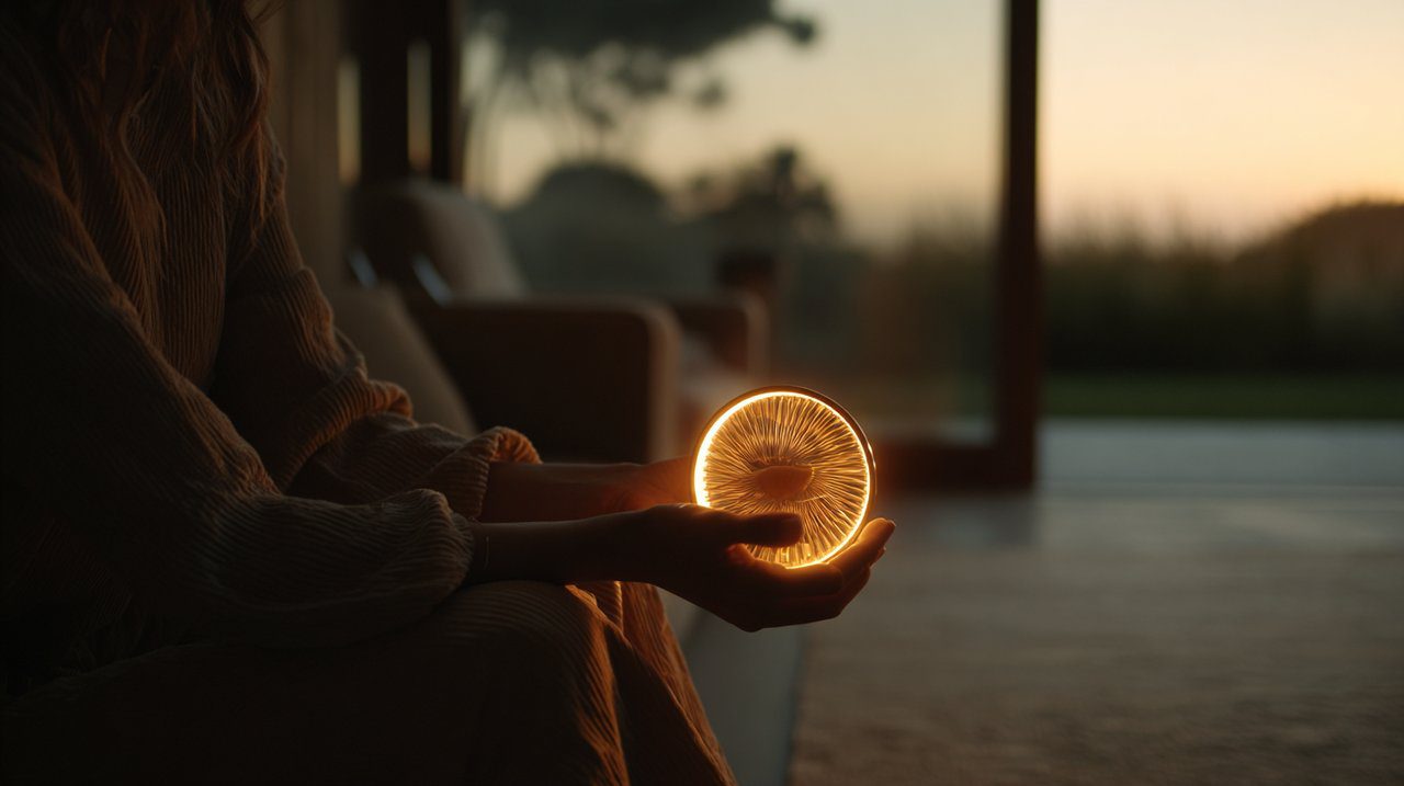 Hands gently spinning a handheld mantra wheel with glowing light
