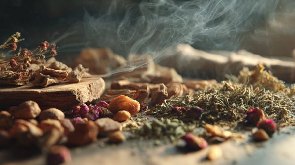 Photorealistic image of medicinal incense ingredients and burning stick.