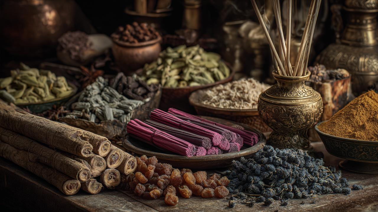 Various forms of medicinal incense and their key botanical ingredients.