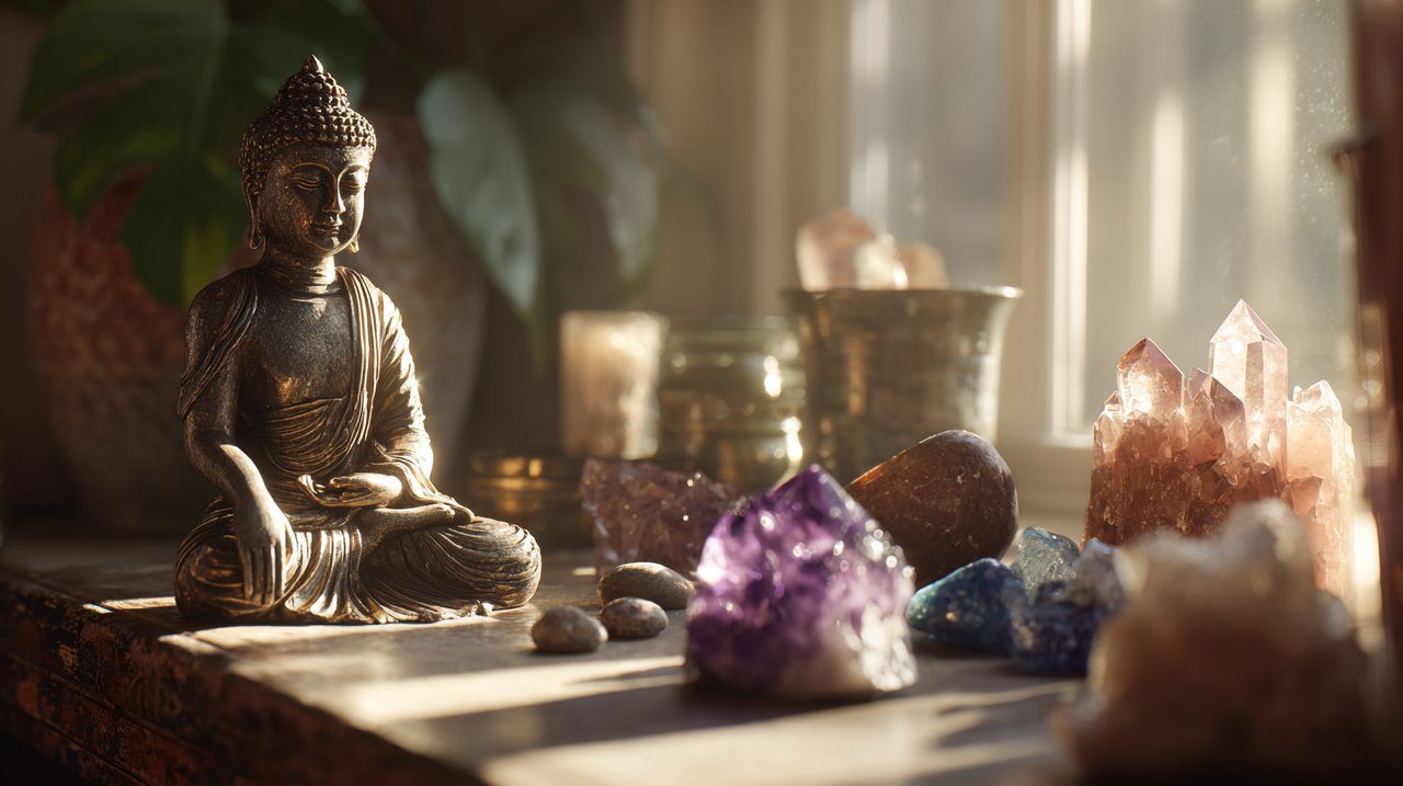 Sacred altar with Medicine Buddha and crystals