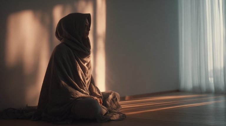 A person meditating peacefully wrapped in a soft meditation shawl.