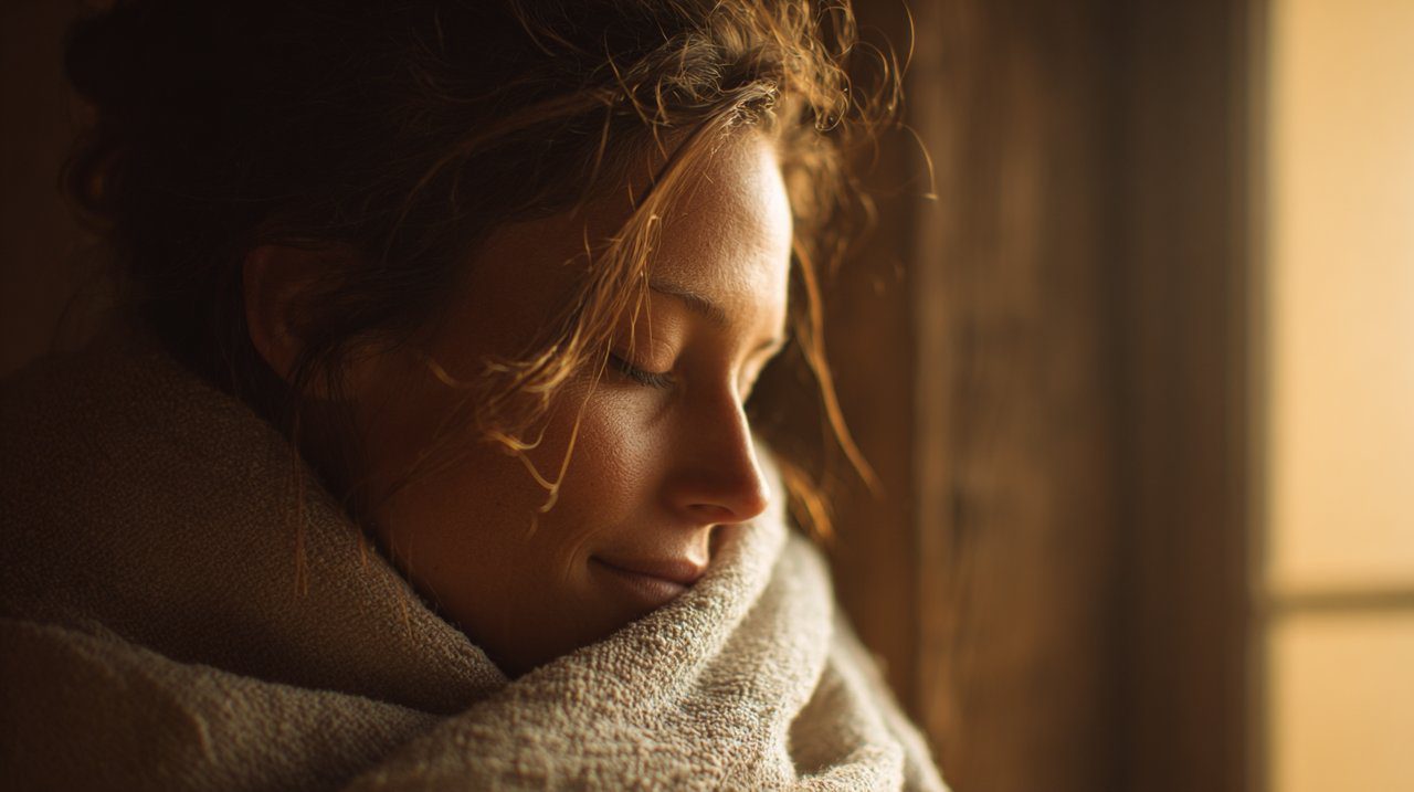Person wrapped in a meditation shawl, embodying inner calm.