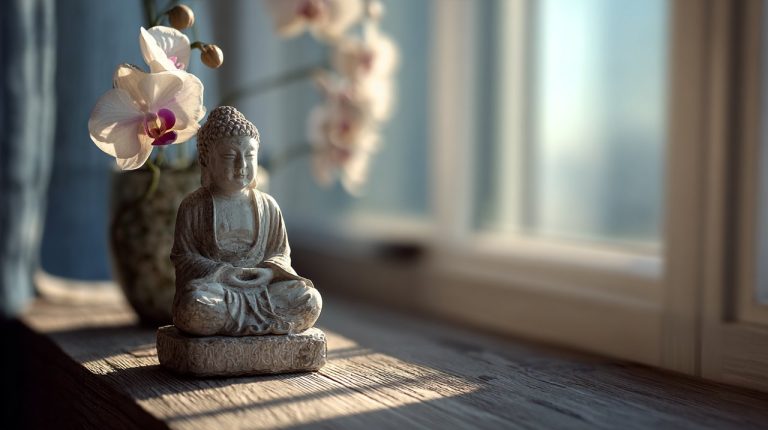 Mini Buddha Statue on Desk with Orchid