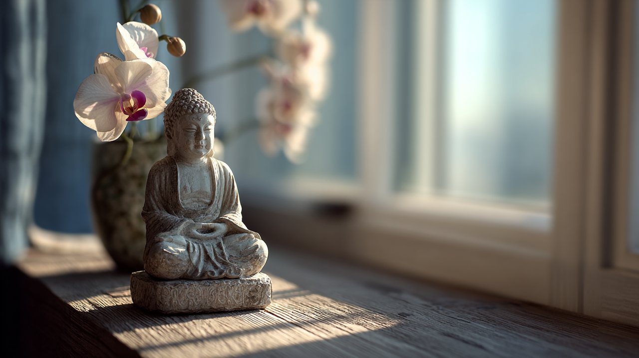 Mini Buddha Statue on Desk with Orchid