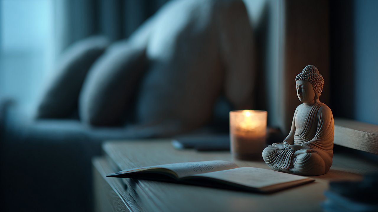 Mini Buddha Statue on Bedside Table for Calm