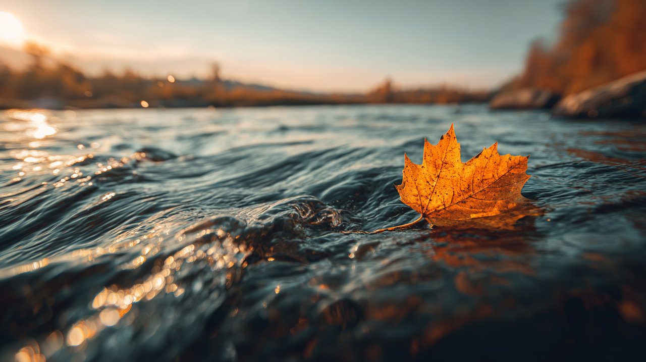 A leaf letting go from an eddy and rejoining a river's main current.