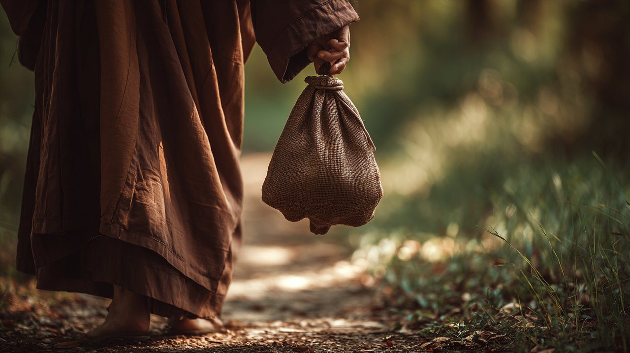 Person with Monk Bag on a Mindful Path