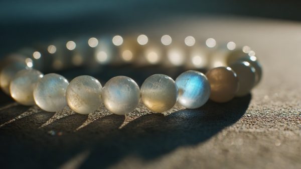 A photorealistic close-up of a moonstone mala bracelet in a serene setting.