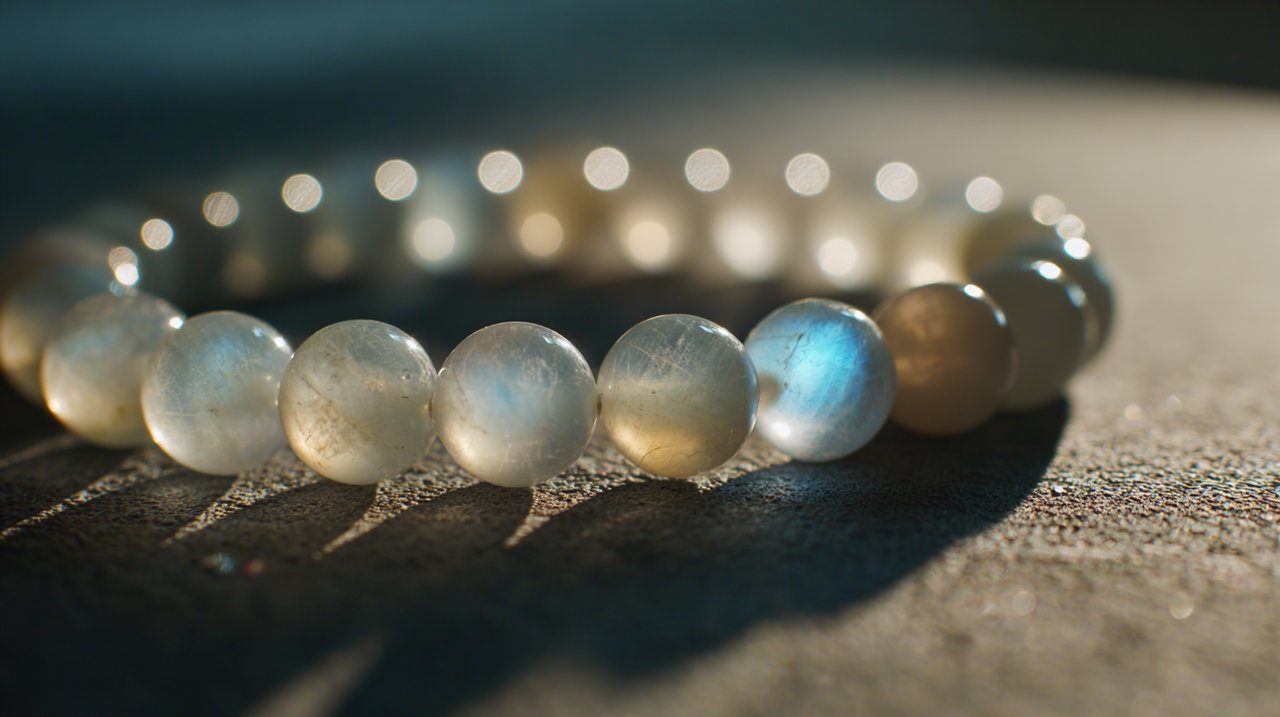 A photorealistic close-up of a moonstone mala bracelet in a serene setting.