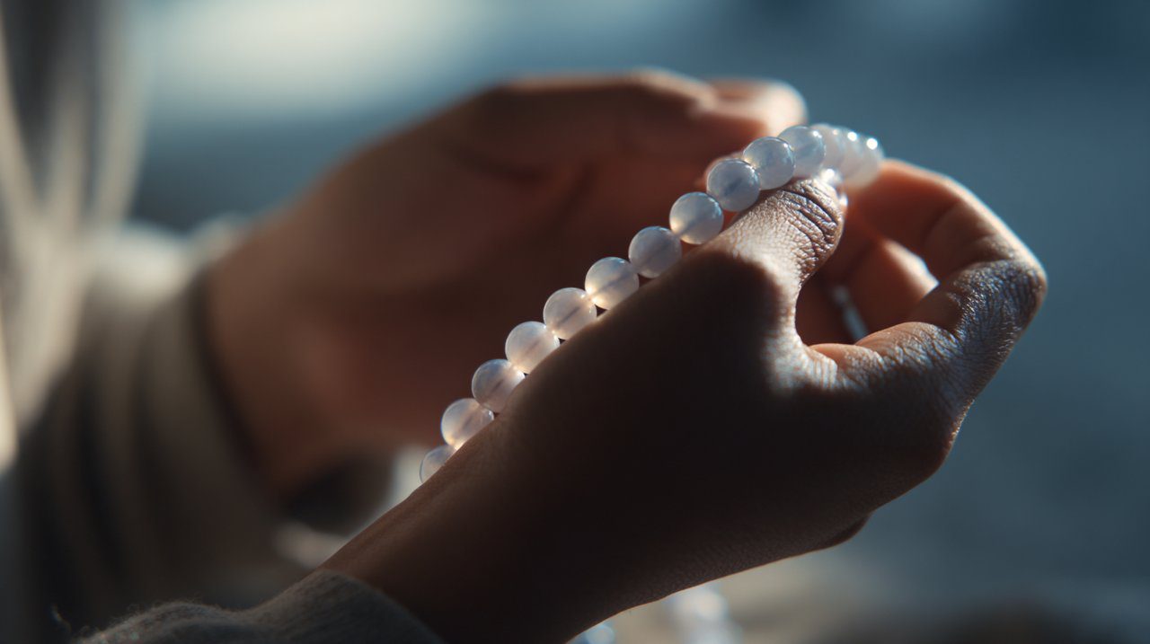 A photorealistic image of hands gently counting moonstone mala beads during mindful practice.