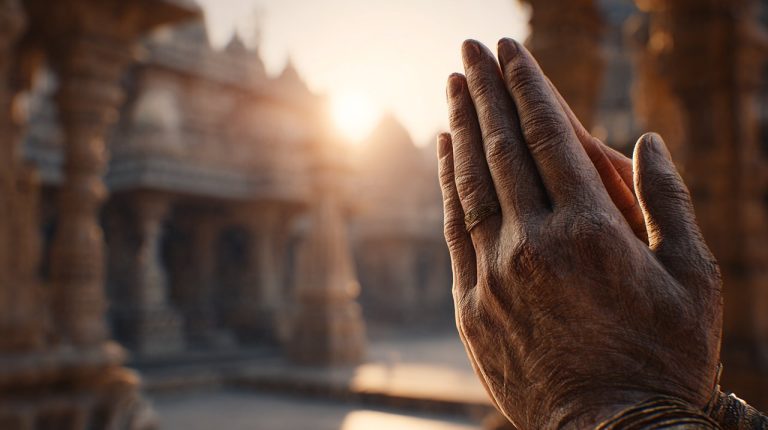 Ancient Hands in Anjali Mudra in Temple Courtyard