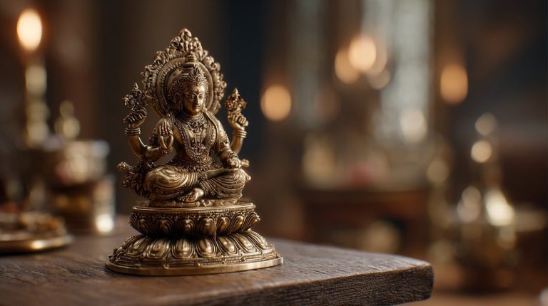 A photorealistic close-up of a small brass Nataraja statue on a minimalist altar.