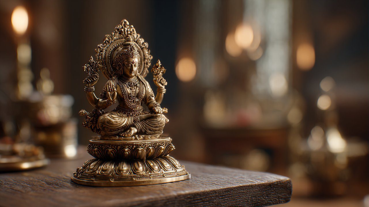 A photorealistic close-up of a small brass Nataraja statue on a minimalist altar.