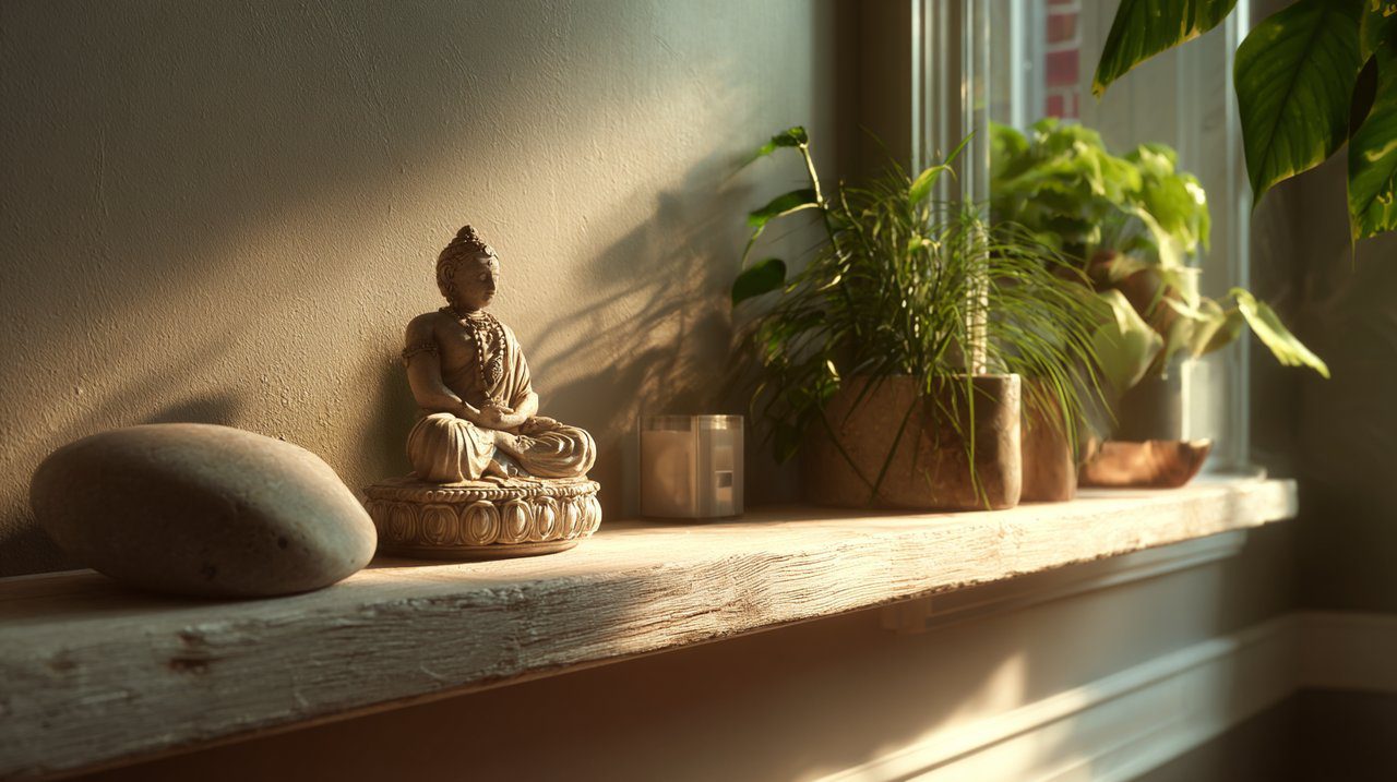 A serene meditation corner with a small Nataraja statue and natural elements.