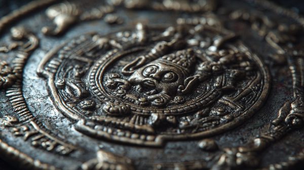 A close-up of an ancient Nepalese Malla period silver coin with intricate designs.