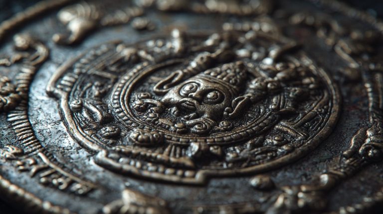 A close-up of an ancient Nepalese Malla period silver coin with intricate designs.