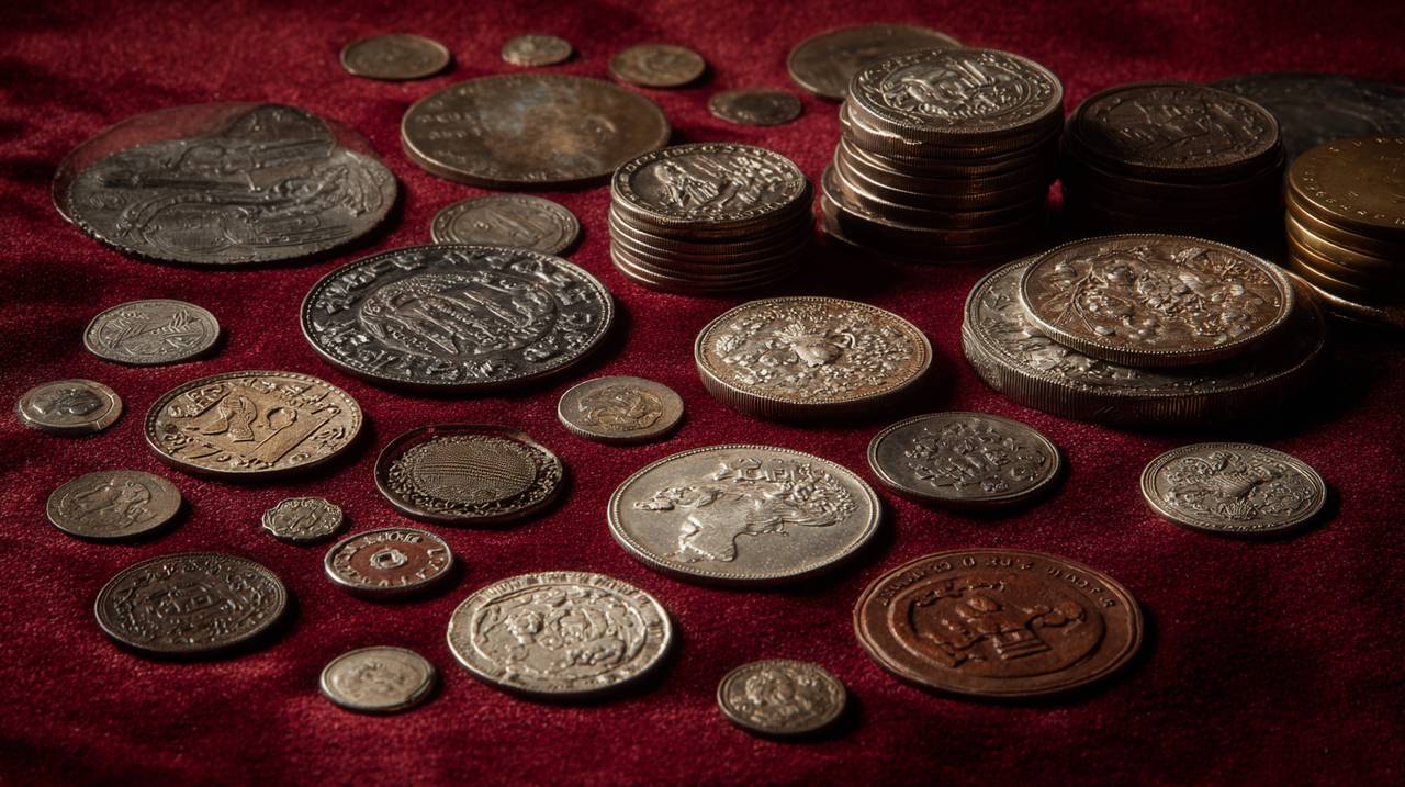 A meticulously arranged collection of diverse Nepalese coins on a velvet cloth.