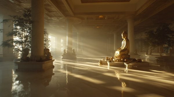 A serene, ethereal scene symbolizing ultimate spiritual liberation and tranquility with subtle Buddhist motifs.
