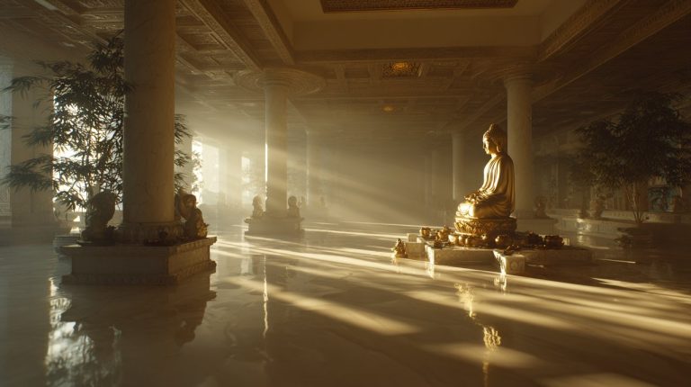 A serene, ethereal scene symbolizing ultimate spiritual liberation and tranquility with subtle Buddhist motifs.