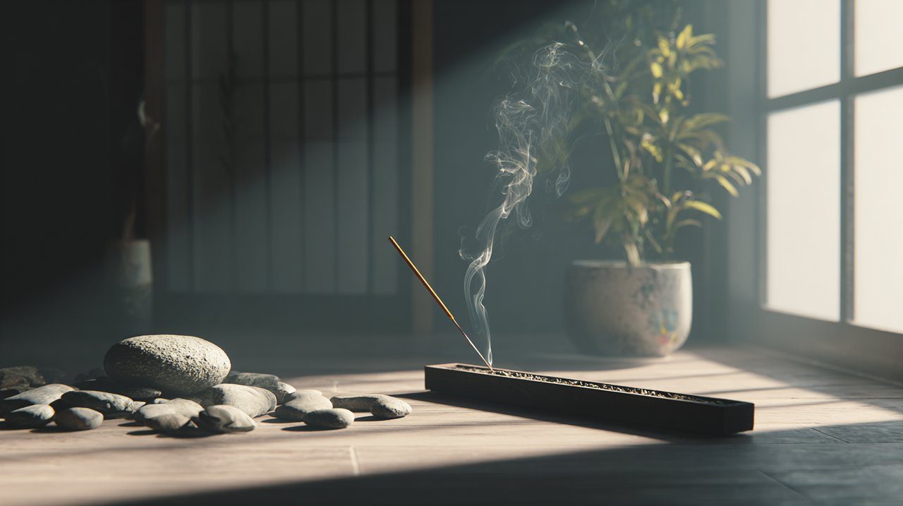 Serene home sanctuary with Nitiraj incense and zen elements