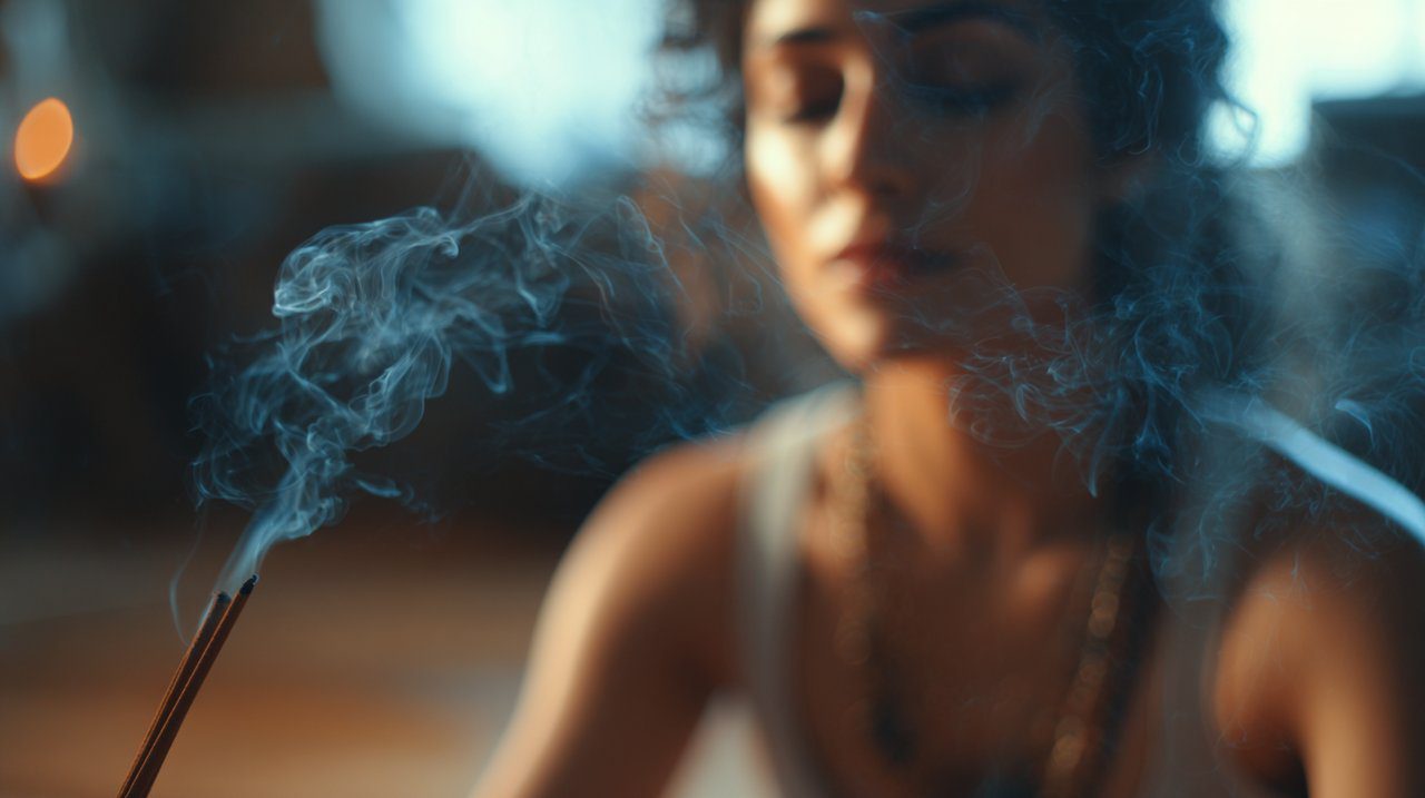 Person meditating with burning Nitiraj incense