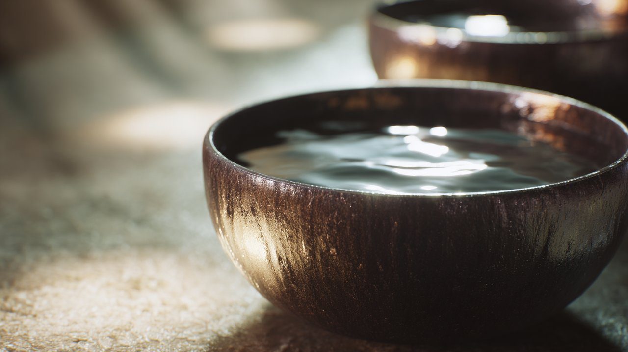 A serene arrangement of offering bowls filled with clear water, reflecting soft light.