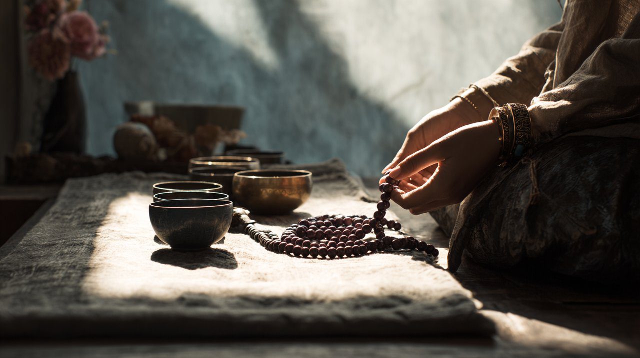A person's hands mindfully arranging mala beads next to offering bowls in a sunlit meditation space.