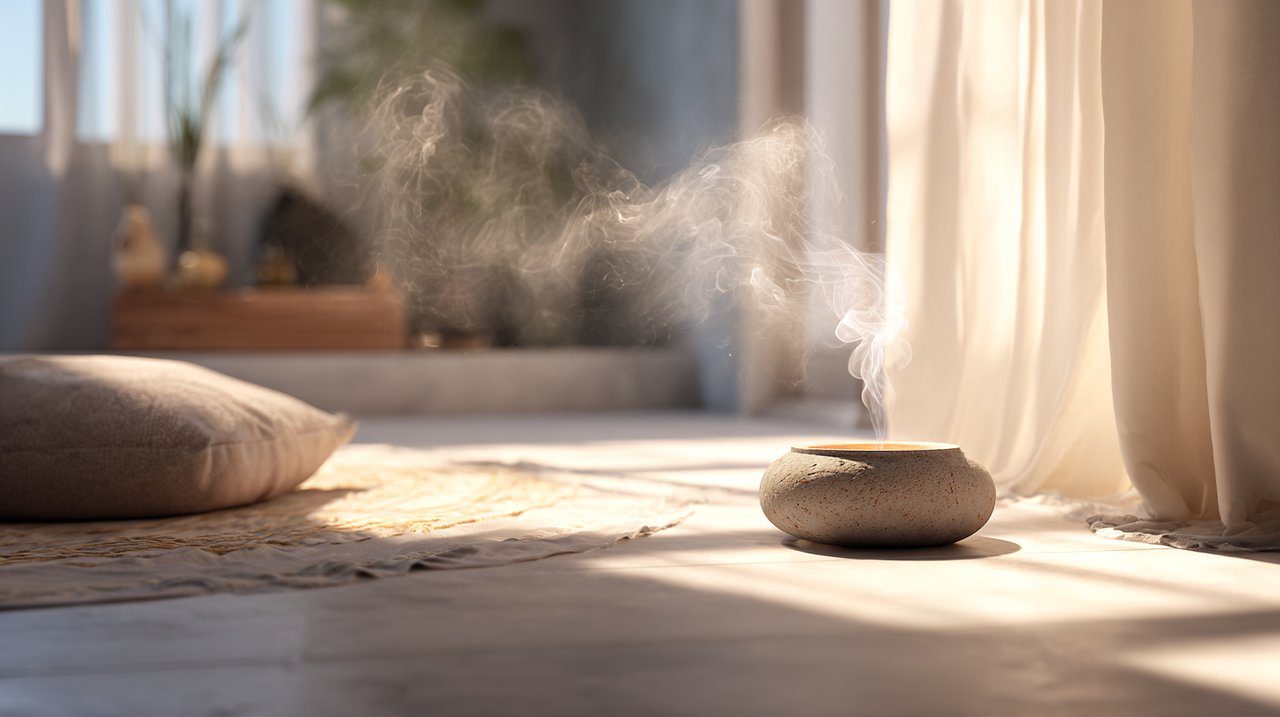 Tranquil room with Om Shanti incense smoke.