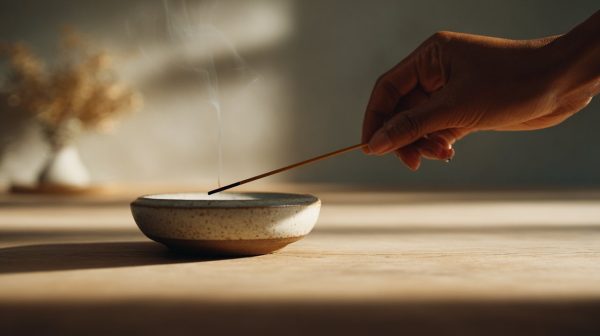 Hands placing Om Shanti incense in a burner.