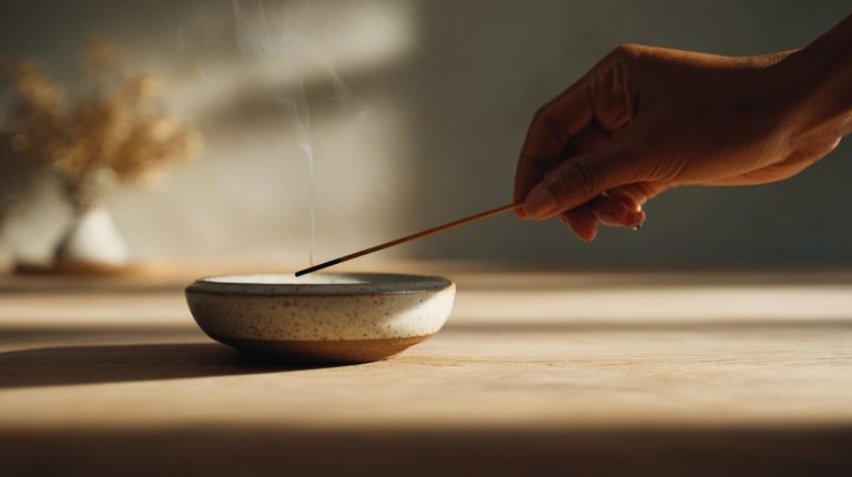 Hands placing Om Shanti incense in a burner.