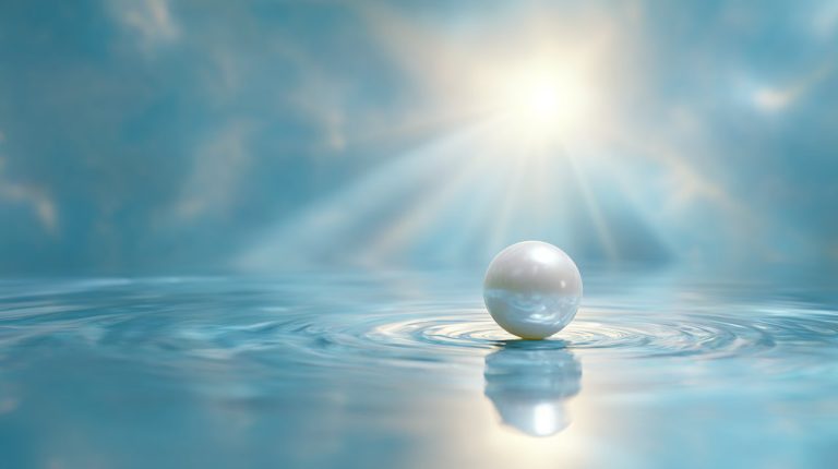 A single pearl resting on a calm, reflective surface, surrounded by soft, ethereal light.