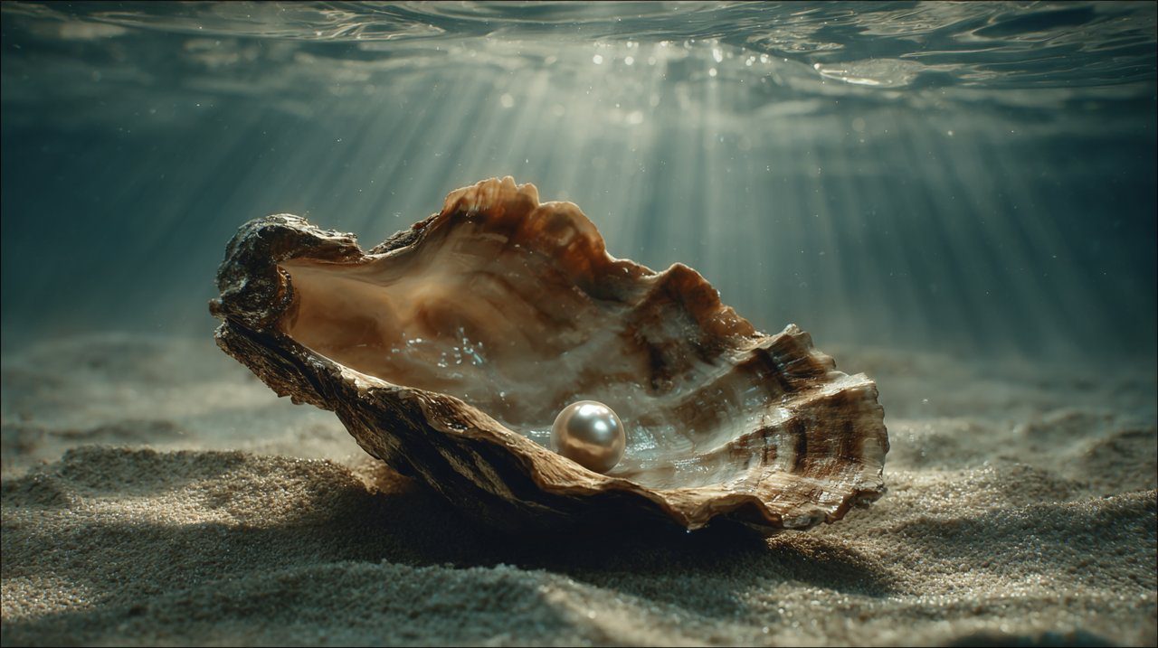 An open oyster shell revealing a large, shimmering pearl inside.