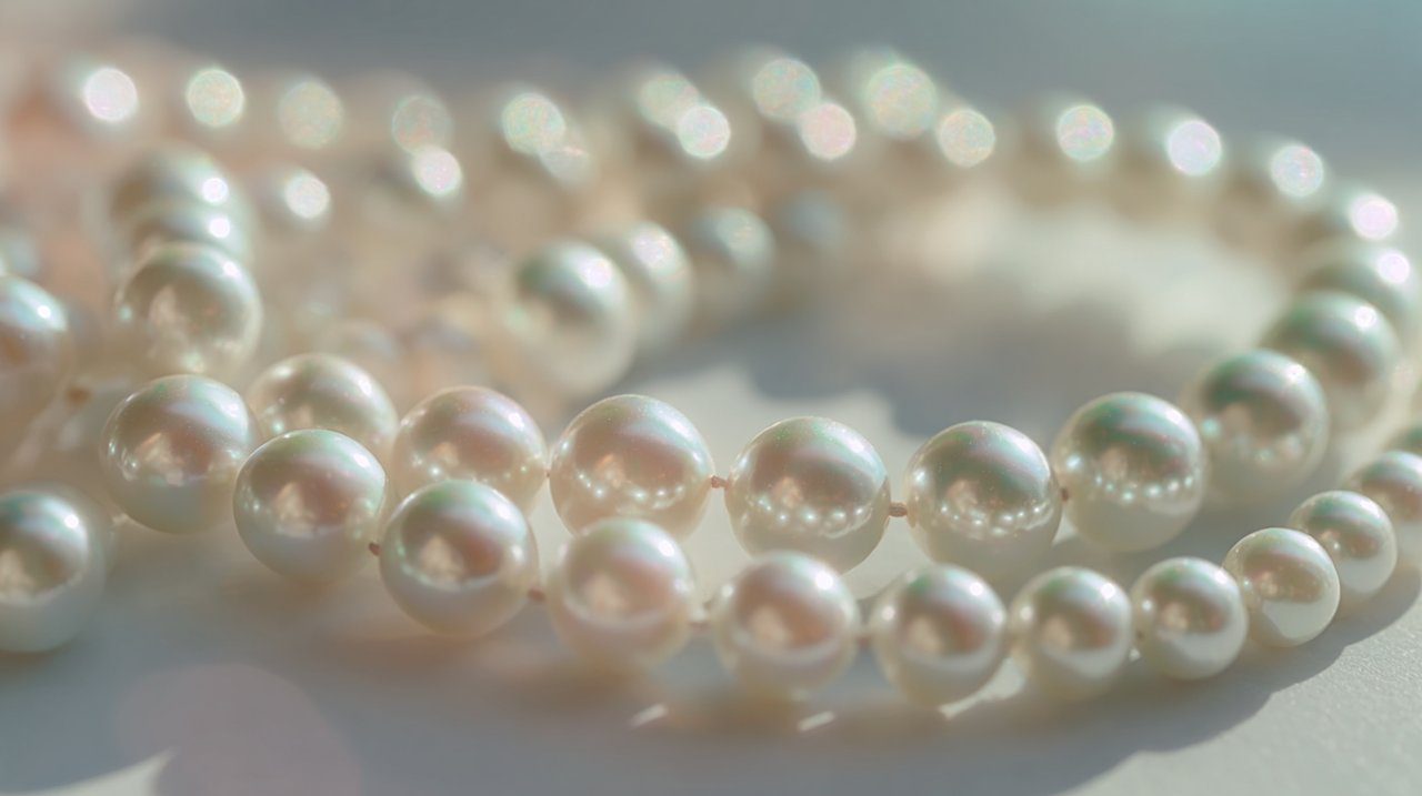 A strand of lustrous white pearls with soft lighting.