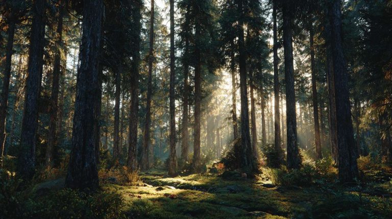 Majestic pine forest with sunlight filtering through trees, evoking a sense of deep wisdom and stillness.
