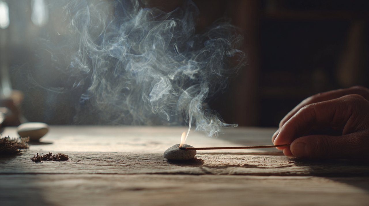 Hands gently holding a burning pine incense stick during a mindful ritual, evoking peace and spiritual connection.