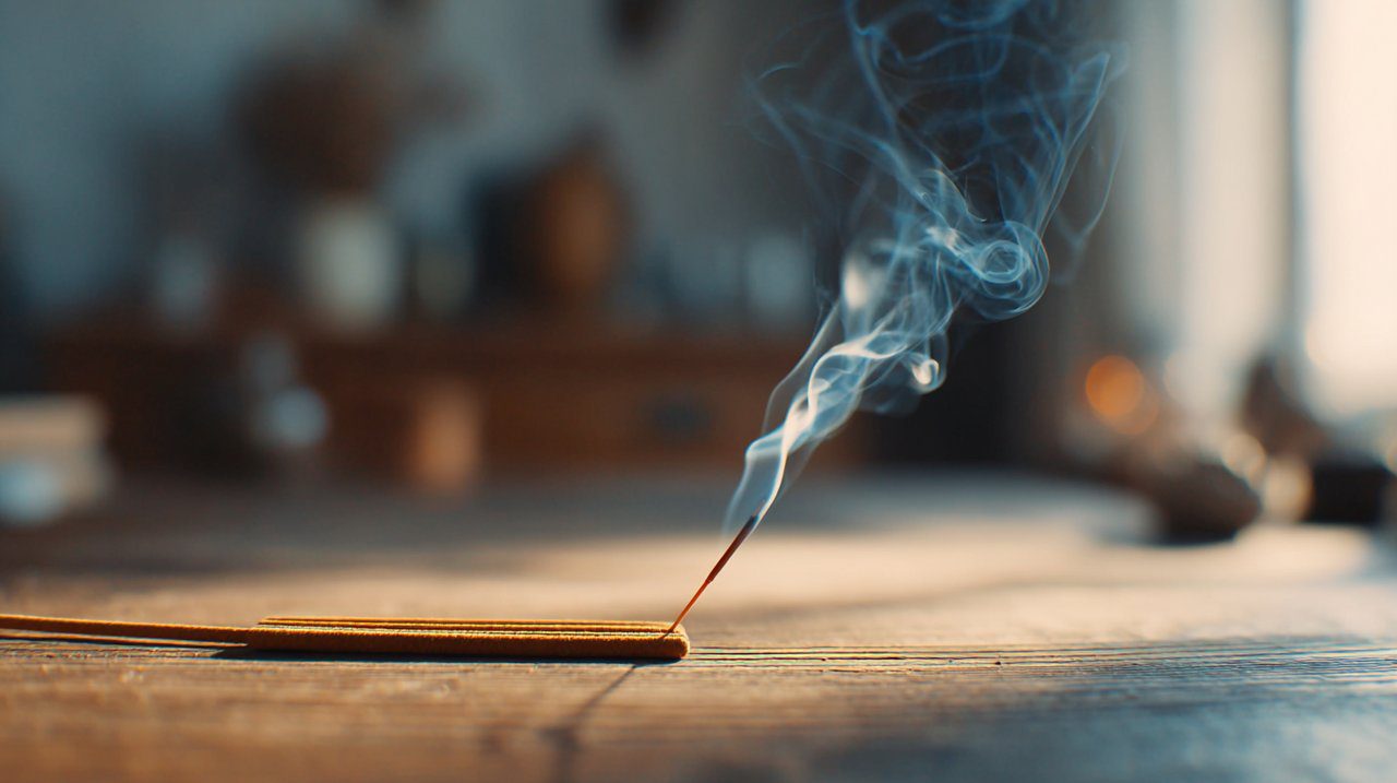 Close-up of pine incense stick burning, with gentle smoke rising in a serene, grounding environment.