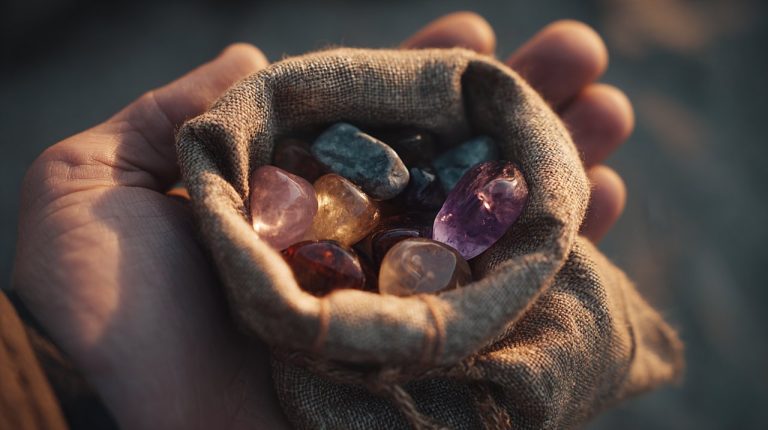 A person's hand gently holding a small fabric pouch filled with smooth, colorful healing stones.