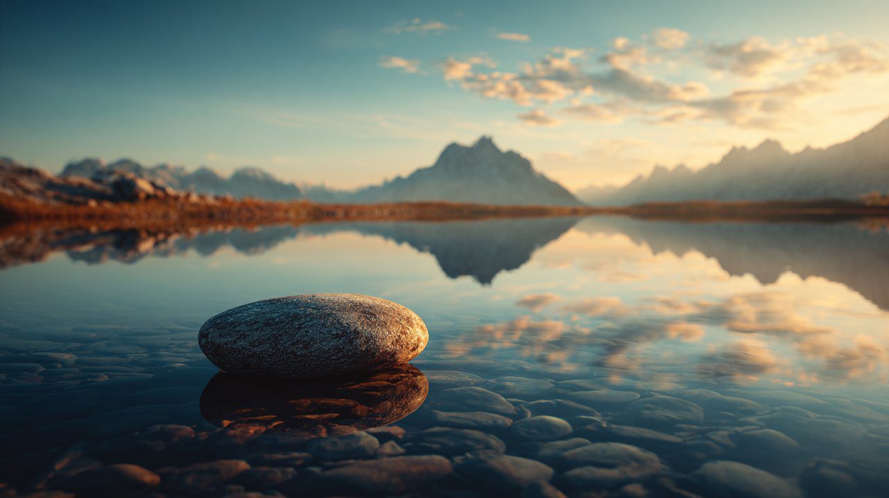 A tranquil mountain lake mirroring the sky, symbolizing mirror-like wisdom.