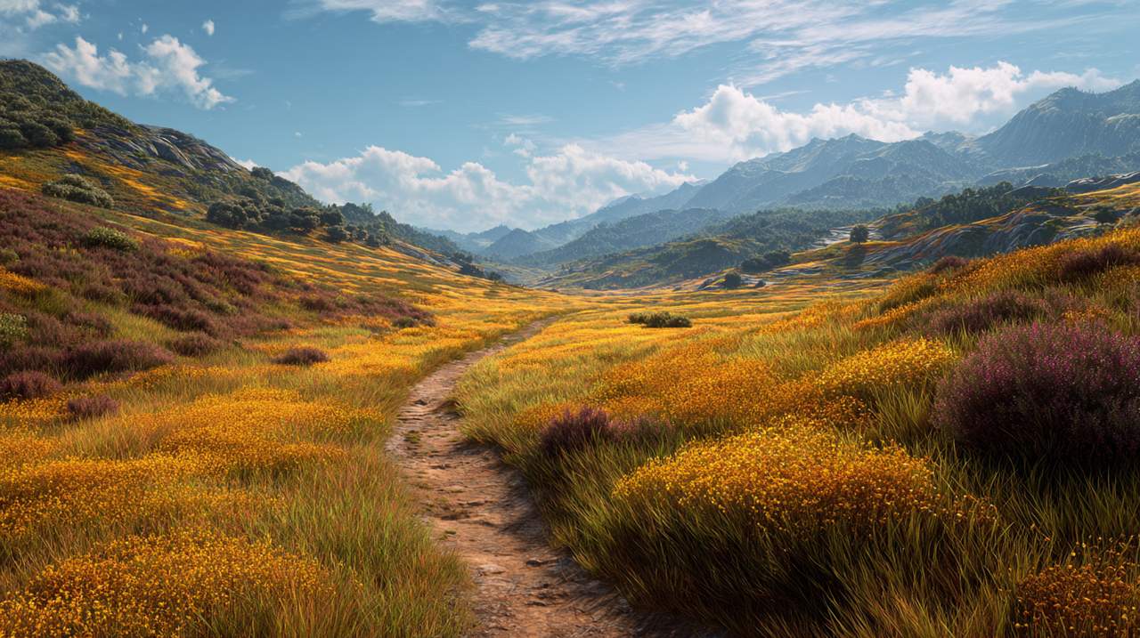 A winding path through a sunlit meadow, symbolizing a journey of inner growth.
