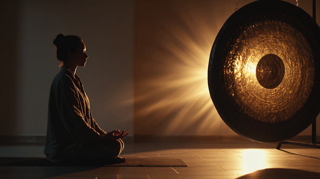 Person Meditating with Buddhist Gong and Vibrations