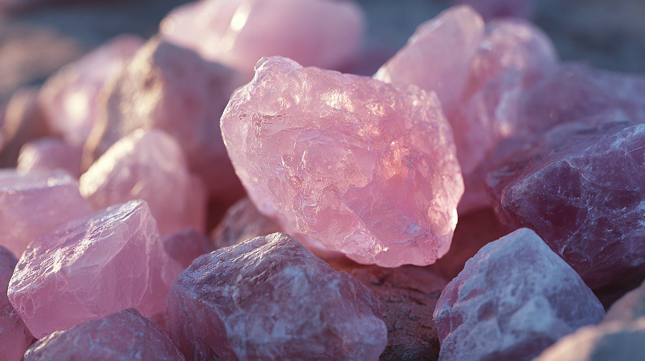 Close-up of raw and polished rose quartz stones