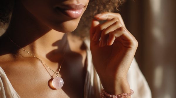 Woman wearing a rose quartz necklace and bracelet