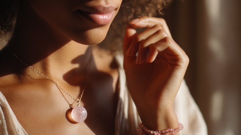 Woman wearing a rose quartz necklace and bracelet