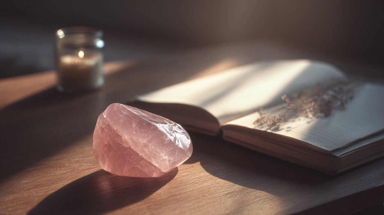 Still life of rose quartz with journal and warm light