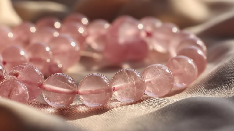 Photorealistic image of rose quartz mala prayer beads.