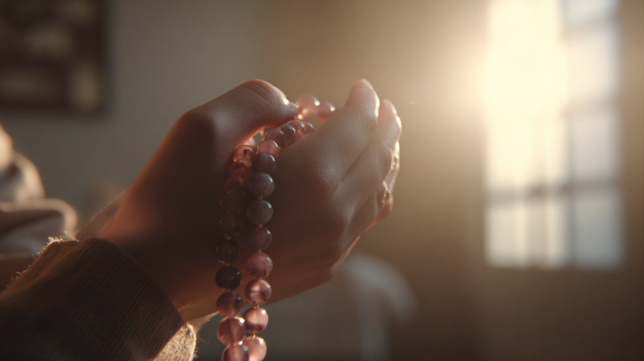 Manos sosteniendo suavemente cuentas de oración de cuarzo rosa durante la meditación.