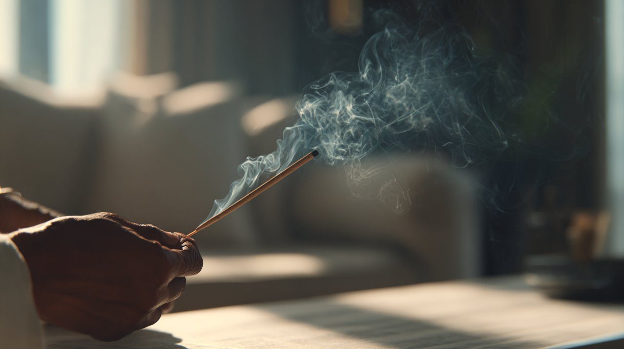 Photorealistic image of a person performing a sage cleansing ritual in a serene room.